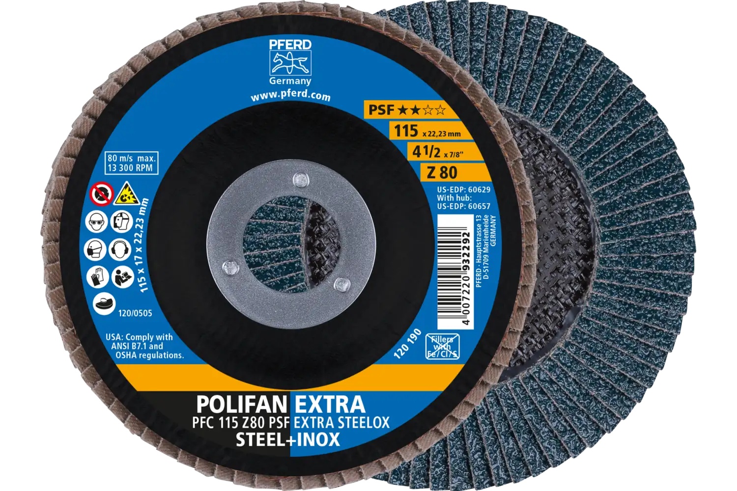 Picture of Pferd Flap Disc, 4-1/2" x 7/8, Z PSF Extra Steelox, 80 Grit, T29, Conical, Zirconia